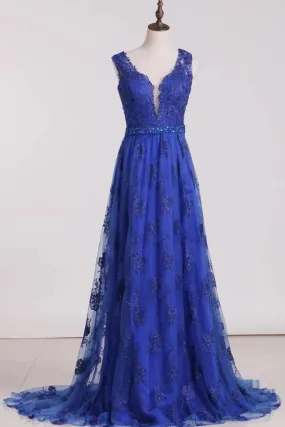 A Line V Neck Lace Sweep Train Party Dresses Sexy Evening Dress