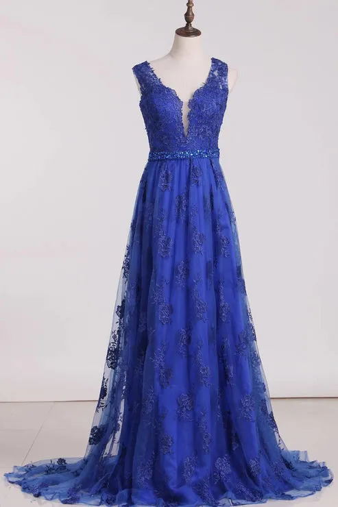 A Line V Neck Lace Sweep Train Party Dresses Sexy Evening Dress