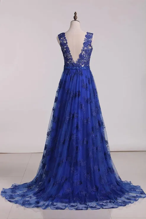 A Line V Neck Lace Sweep Train Party Dresses Sexy Evening Dress