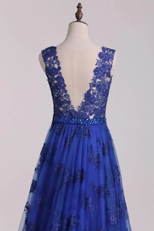 A Line V Neck Lace Sweep Train Party Dresses Sexy Evening Dress