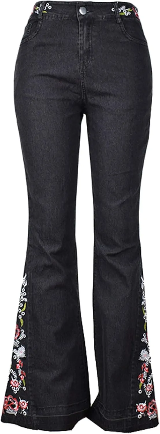 Andongnywell Women's Floral Embroidered Mid Rise Flare Denim Pants Embroidery Bell Bottom Jeans Trousers