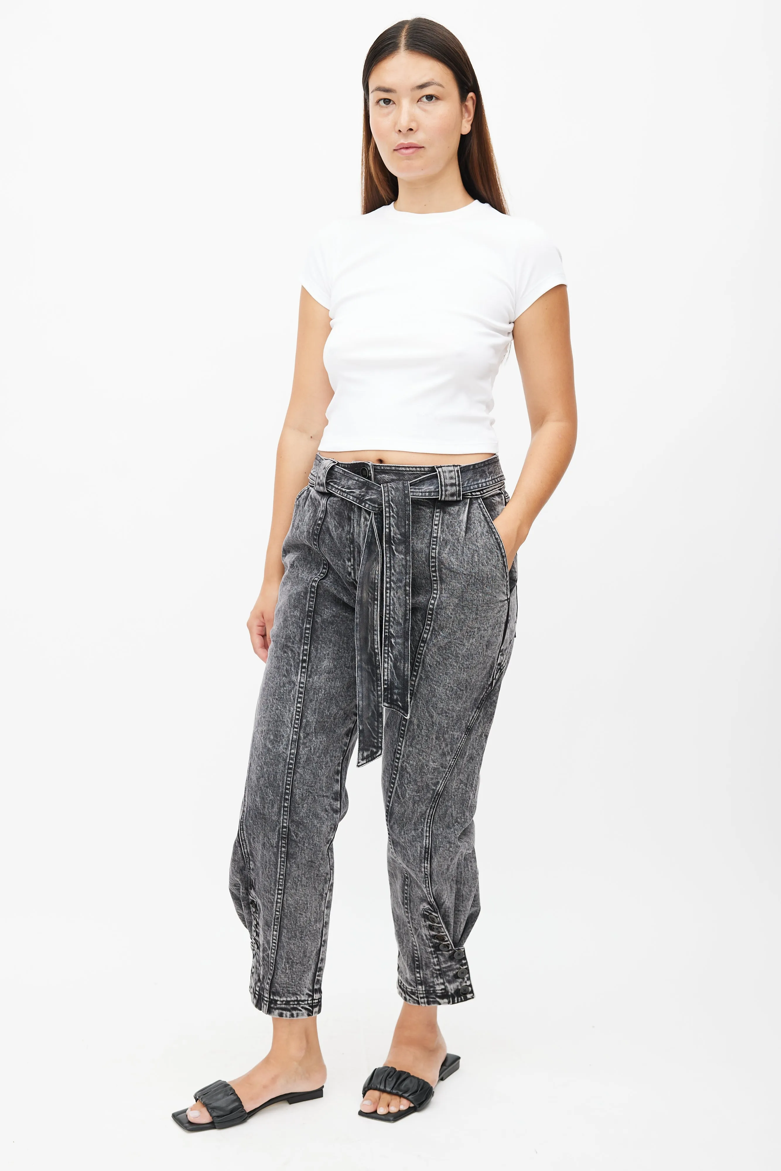 Black Stonewash Belted Denim Trouser