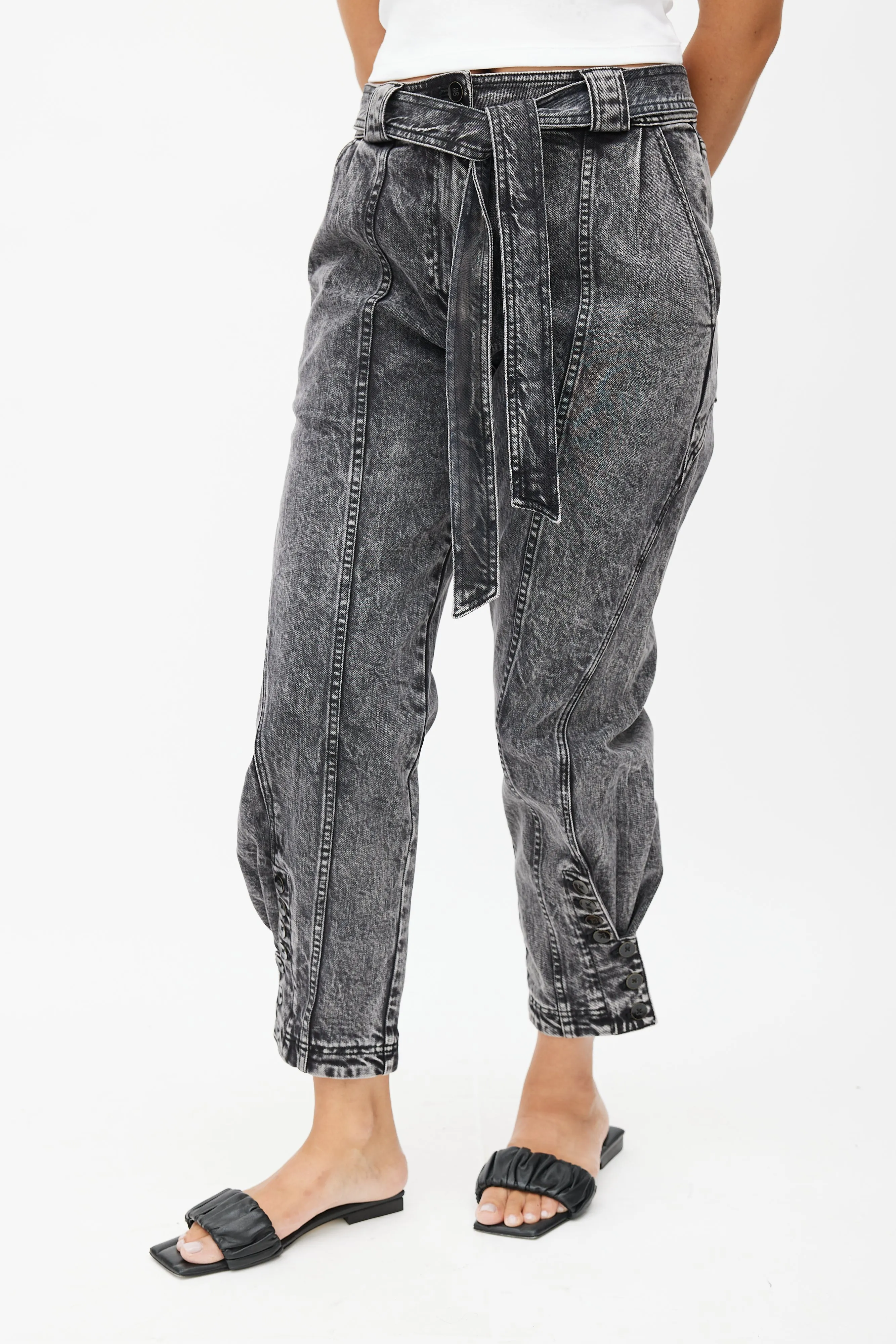 Black Stonewash Belted Denim Trouser