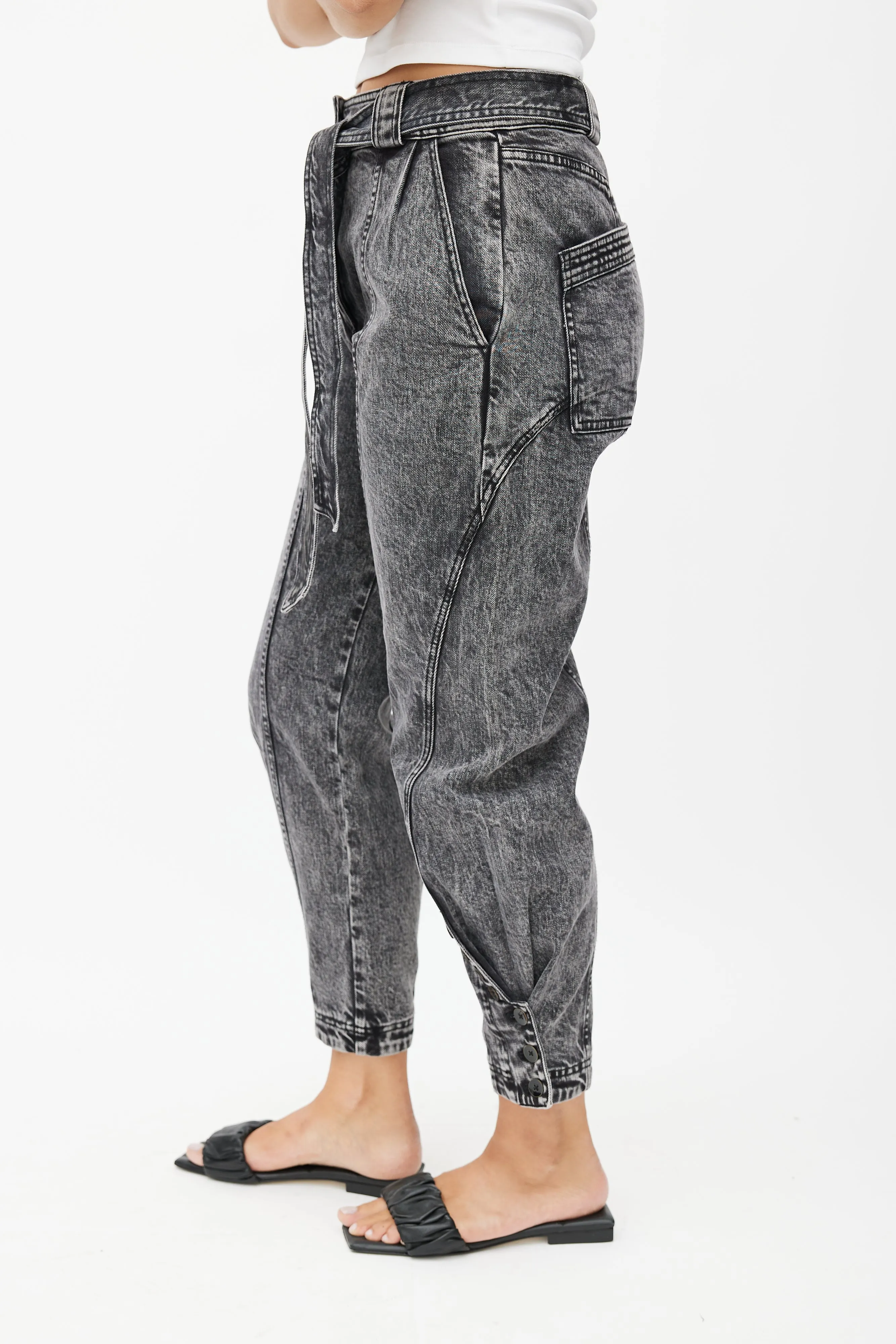 Black Stonewash Belted Denim Trouser