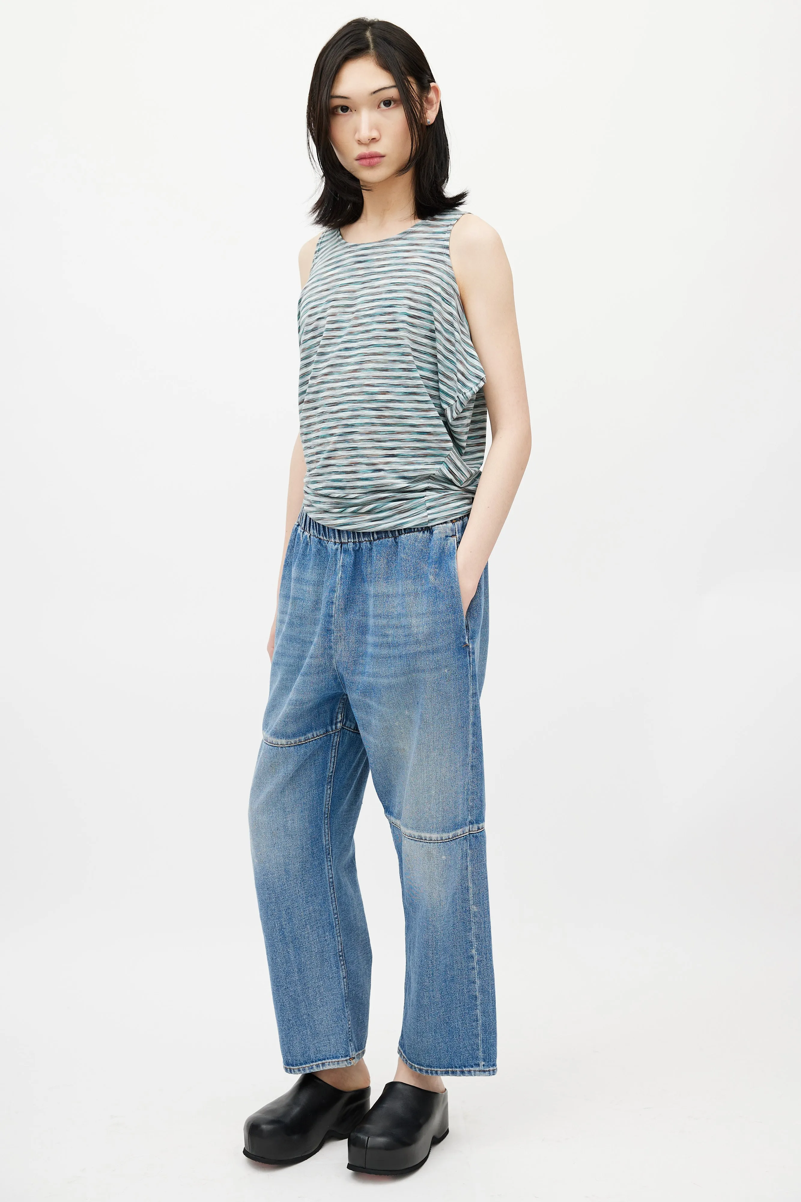 Blue Asymmetrical Paneled Denim Trouser