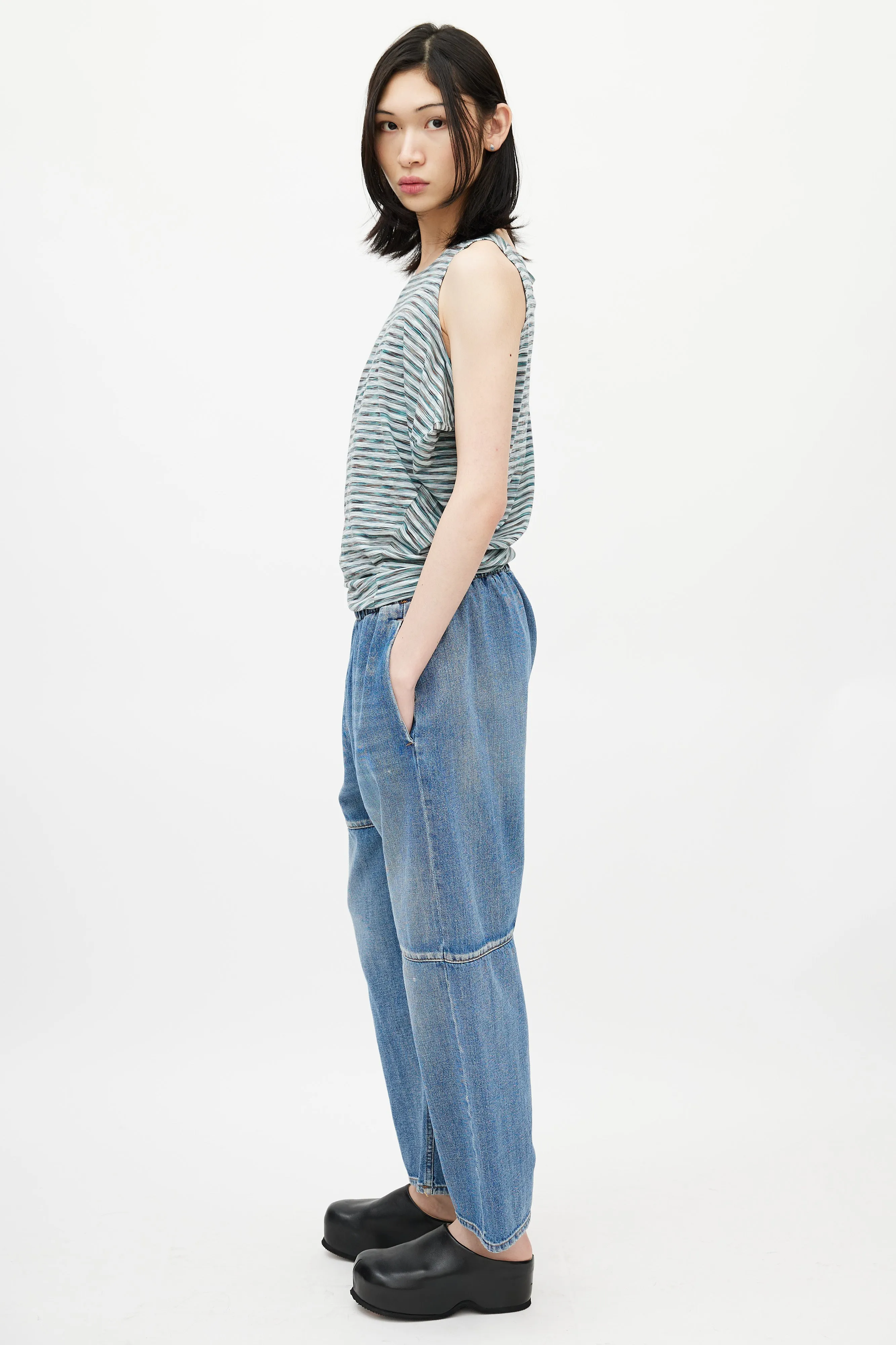 Blue Asymmetrical Paneled Denim Trouser