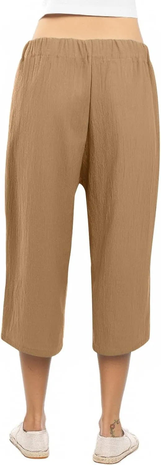 Capri Pants for Women Linen 2025 Summer Pants High Waisted Drawstring Work Straight Wide Leg Pockets Cropped Trouser