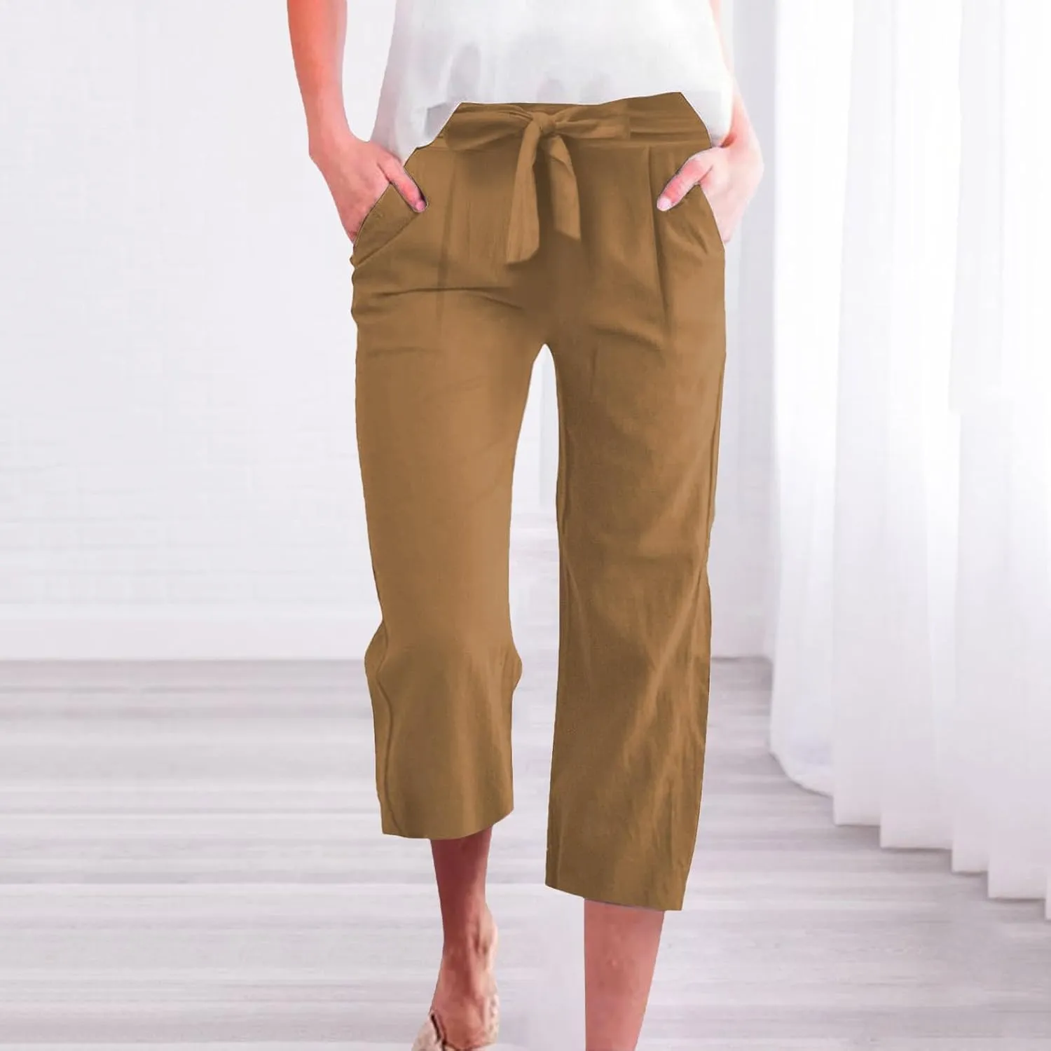 Capri Pants for Women Linen 2025 Summer Pants High Waisted Drawstring Work Straight Wide Leg Pockets Cropped Trouser