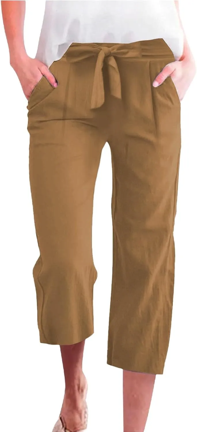 Capri Pants for Women Linen 2025 Summer Pants High Waisted Drawstring Work Straight Wide Leg Pockets Cropped Trouser