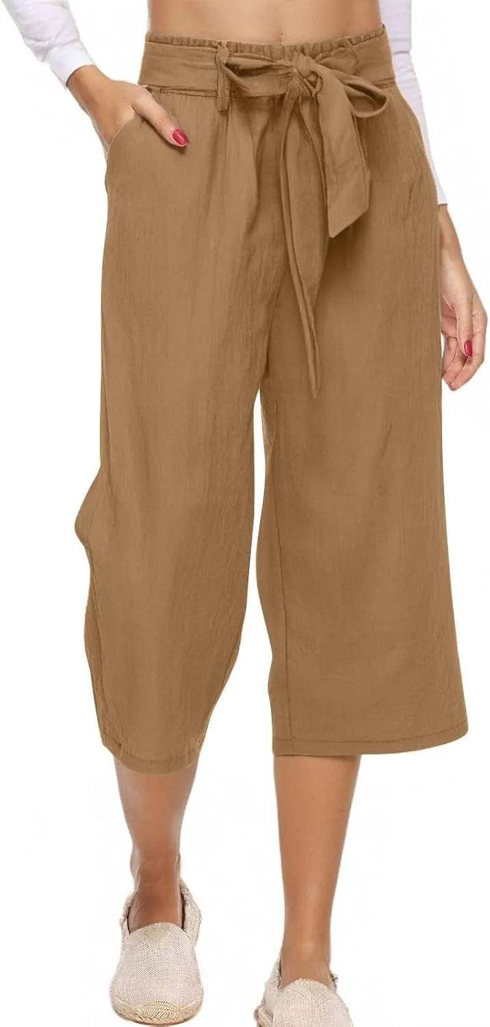 Capri Pants for Women Linen 2025 Summer Pants High Waisted Drawstring Work Straight Wide Leg Pockets Cropped Trouser