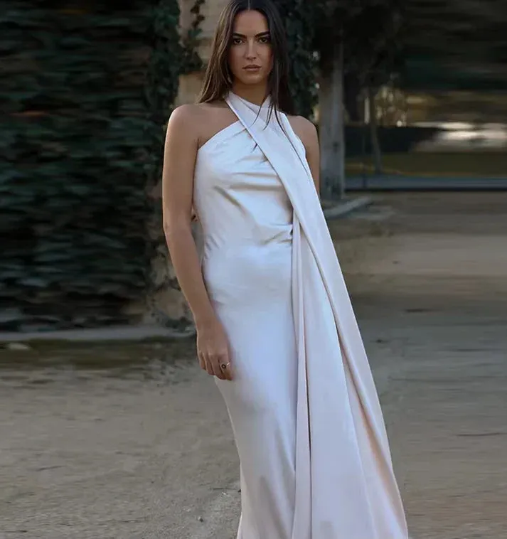 Casual Dresses Women Backless Satin Ribbon Sleeveless Elegant Lady Party Gown Long Evening Prom Dresses