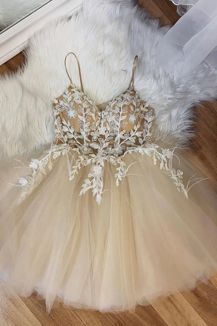 Champagne Spaghetti Lace Short Prom Dresses A-Line Party Dresses Homecoming Dresses