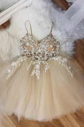 Champagne Spaghetti Lace Short Prom Dresses A-Line Party Dresses Homecoming Dresses