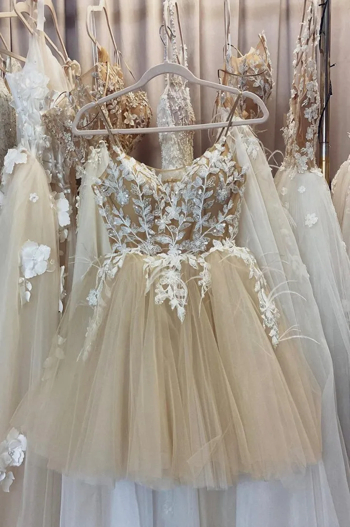 Champagne Spaghetti Lace Short Prom Dresses A-Line Party Dresses Homecoming Dresses