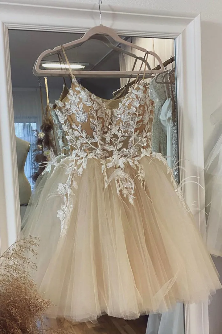 Champagne Spaghetti Lace Short Prom Dresses A-Line Party Dresses Homecoming Dresses