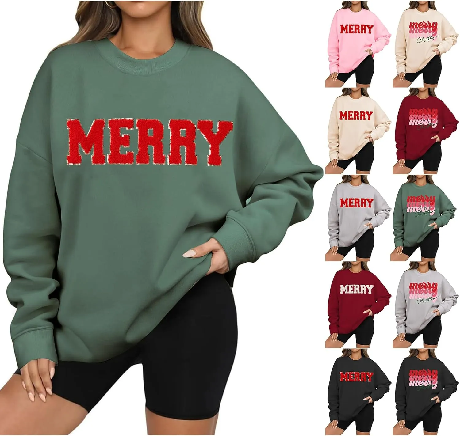 Christmas Sweatshirts for Women Oversized Merry Letter Graphic Sweatshirt Chenille Patch Pullover Funny Xmas Tops