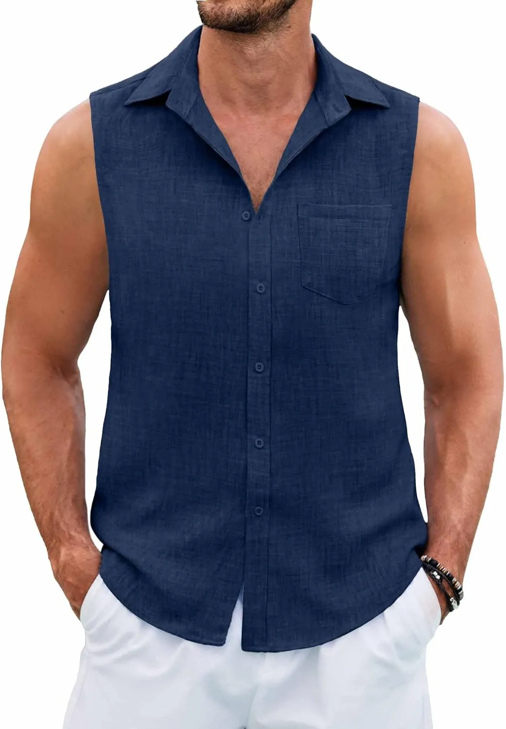 COOFANDY Men's Sleeveless Beach Shirts Summer Button Up Tank Tops Casual Textured Tank Shirt