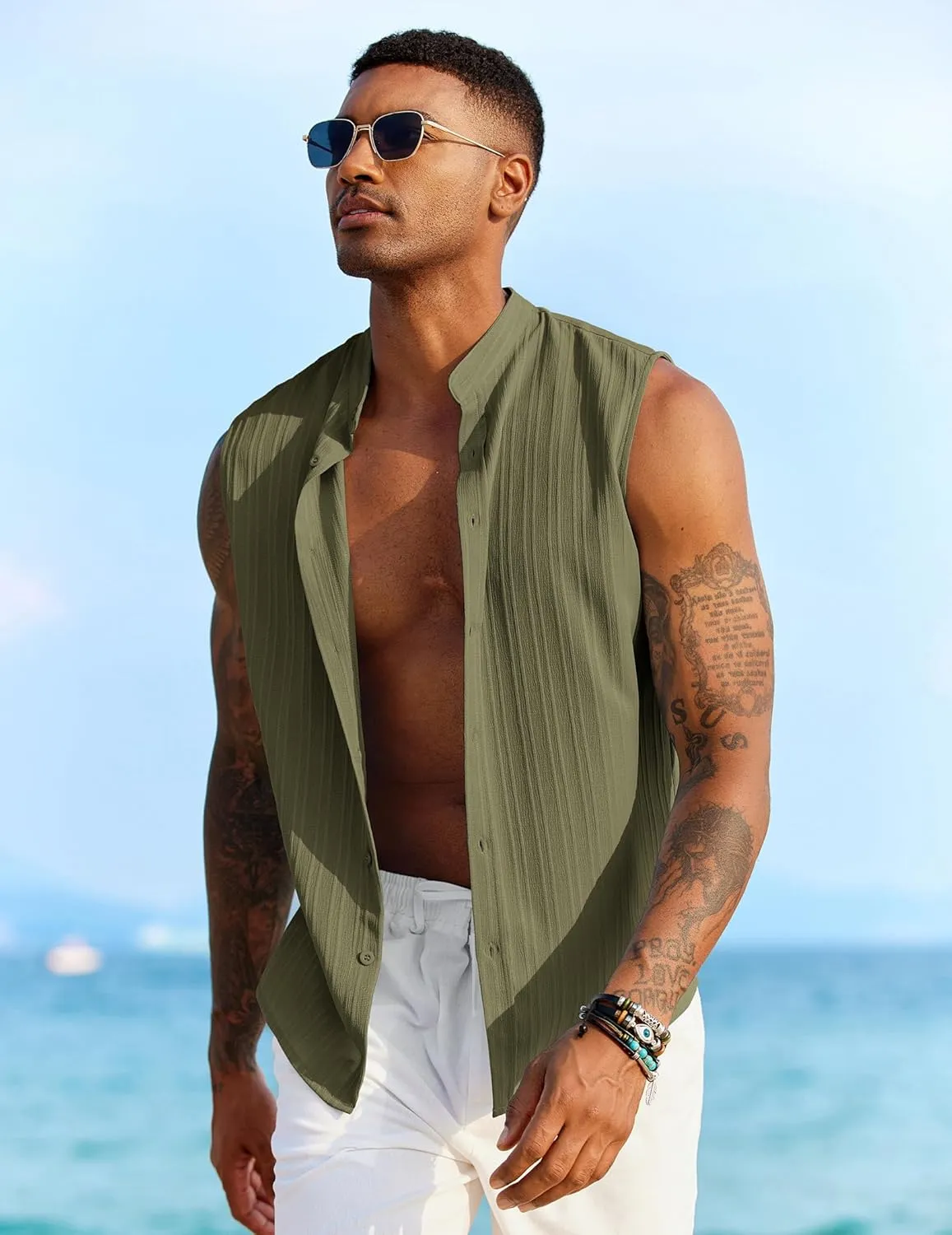 COOFANDY Mens Sleeveless Summer Shirts Beach Tank Tops Button Up Textured Tank Shirt for Vacation