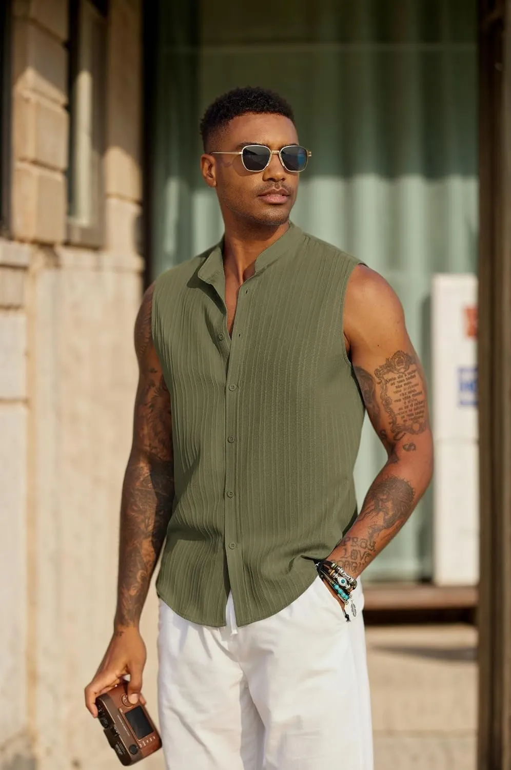 COOFANDY Mens Sleeveless Summer Shirts Beach Tank Tops Button Up Textured Tank Shirt for Vacation