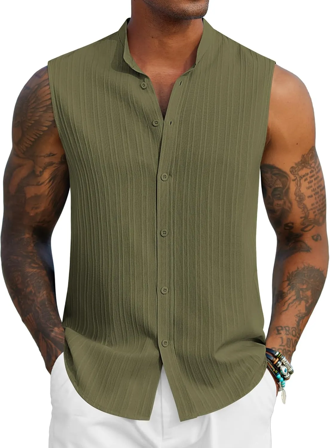 COOFANDY Mens Sleeveless Summer Shirts Beach Tank Tops Button Up Textured Tank Shirt for Vacation