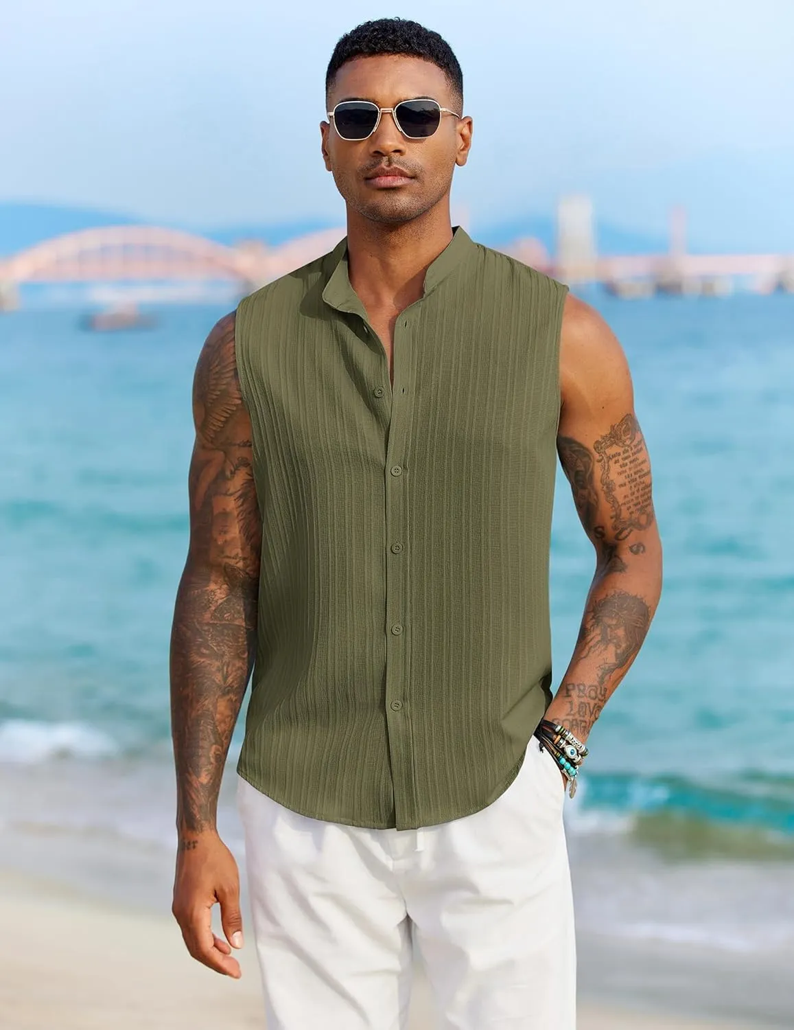 COOFANDY Mens Sleeveless Summer Shirts Beach Tank Tops Button Up Textured Tank Shirt for Vacation