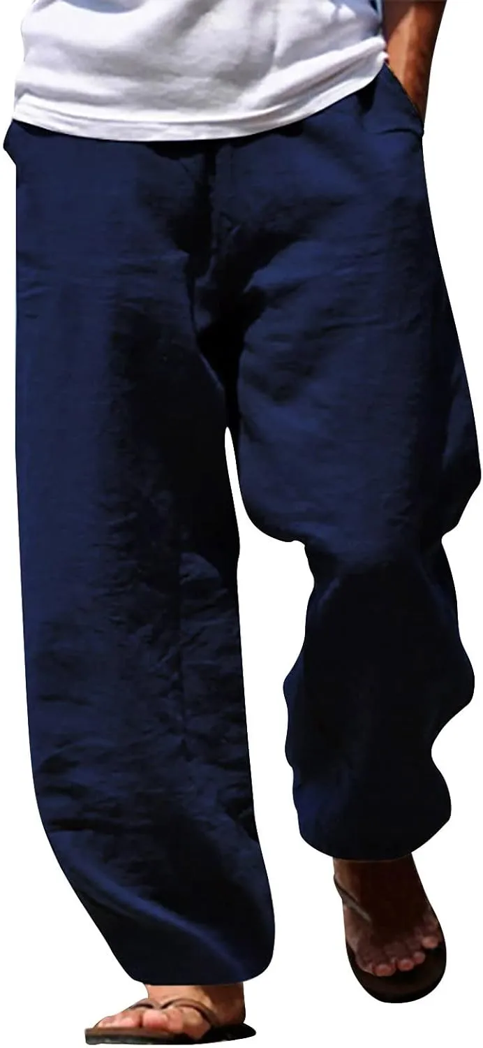 Cotton Linen Pants for Men Loose Fit Elastic Waist Beach Wedding Dress Pants Wide Leg Trousers with Pockets