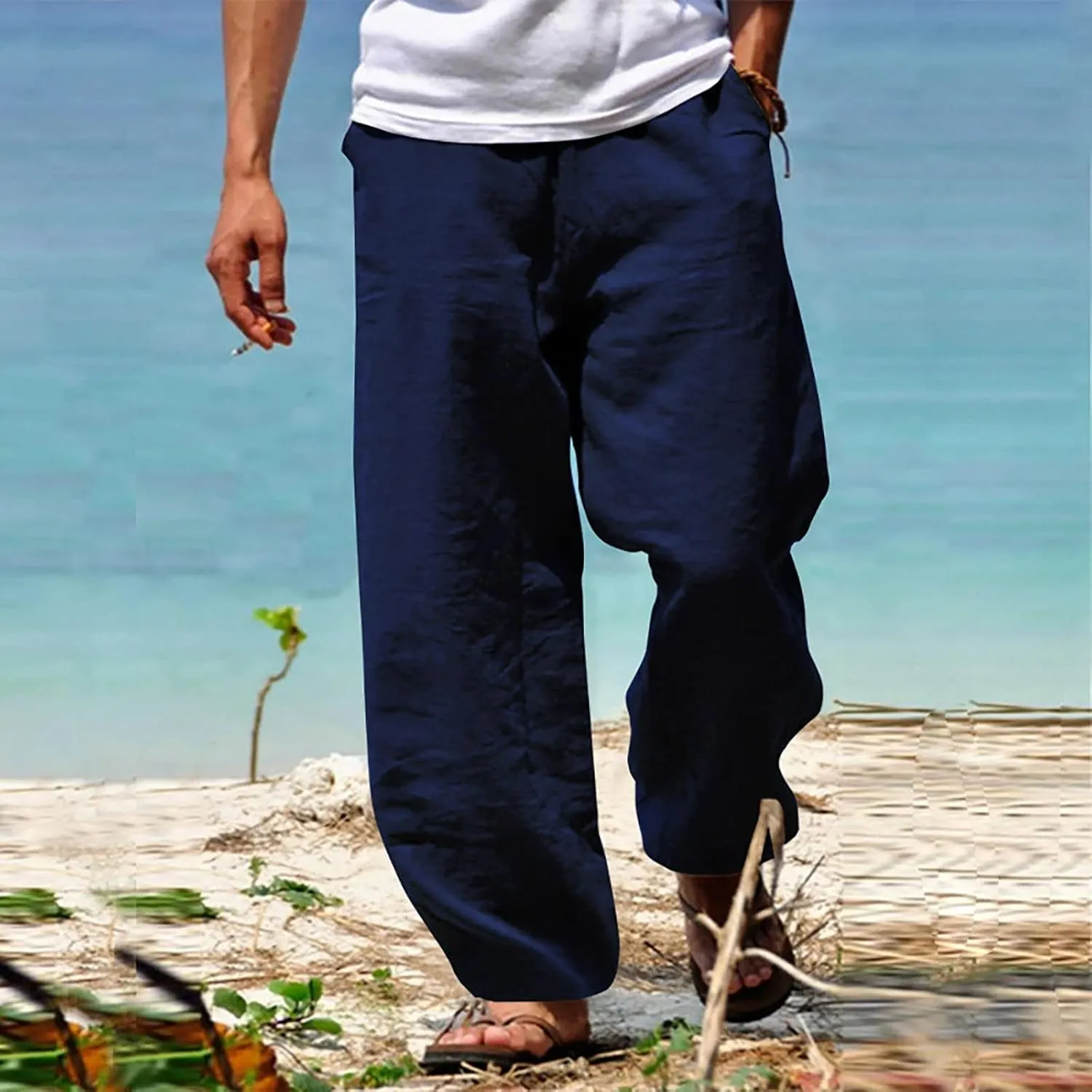 Cotton Linen Pants for Men Loose Fit Elastic Waist Beach Wedding Dress Pants Wide Leg Trousers with Pockets