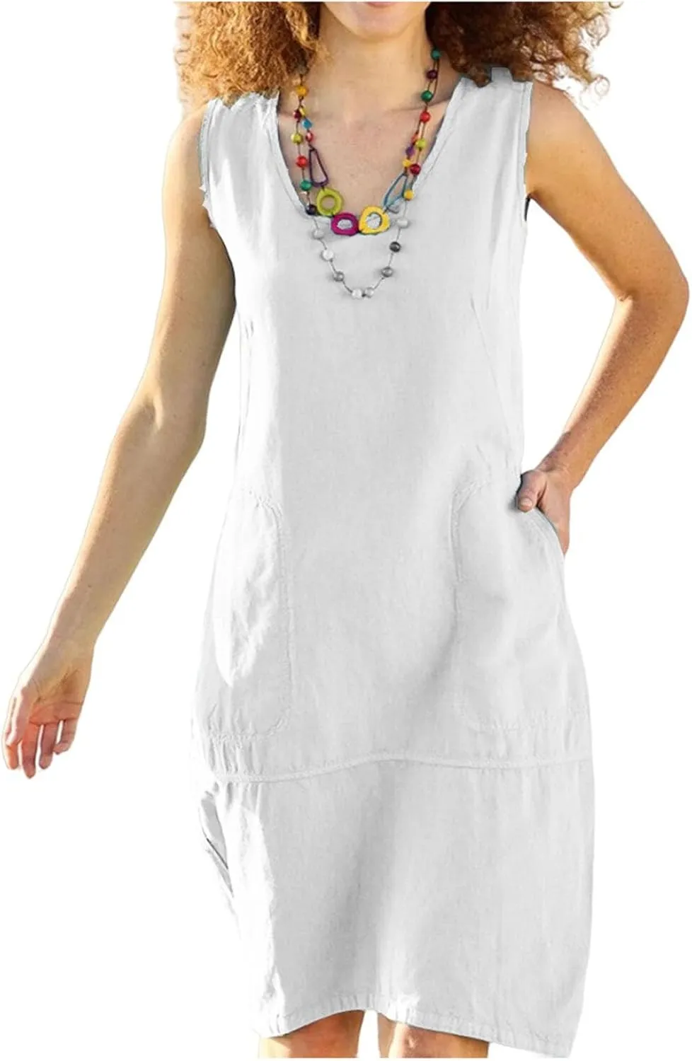 Cotton Linen Summer Midi Dresses for Women 2025 Vacation Sleeveless V-Neck Sundress Loose Casual Beach Solid Dresses