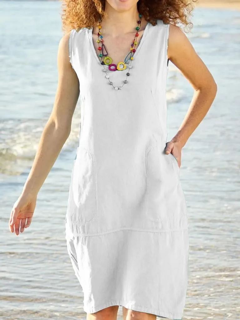 Cotton Linen Summer Midi Dresses for Women 2025 Vacation Sleeveless V-Neck Sundress Loose Casual Beach Solid Dresses