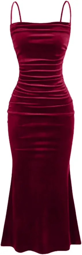 Elegant Velvet Dress for Women Spaghetti Strap Sleeveless Bodycon Mermaid Dress Ruched Cocktail Party Dresses