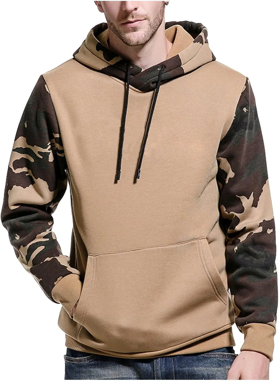 Finelylove Men's Pullover Hoodie Fleece Military Camo Hoodie Long Sleeve Contrast Color Hooded Sweatshirt with Pocket