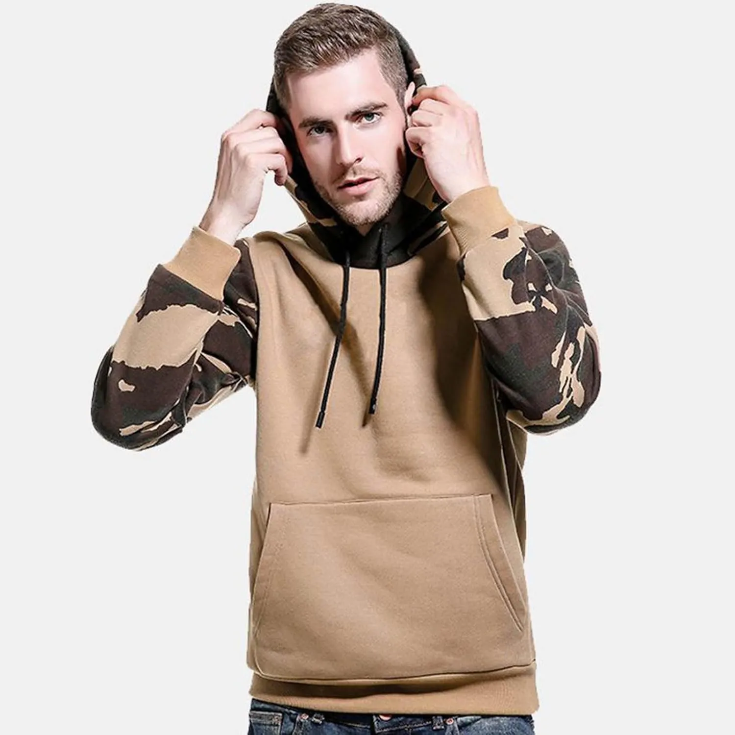 Finelylove Men's Pullover Hoodie Fleece Military Camo Hoodie Long Sleeve Contrast Color Hooded Sweatshirt with Pocket