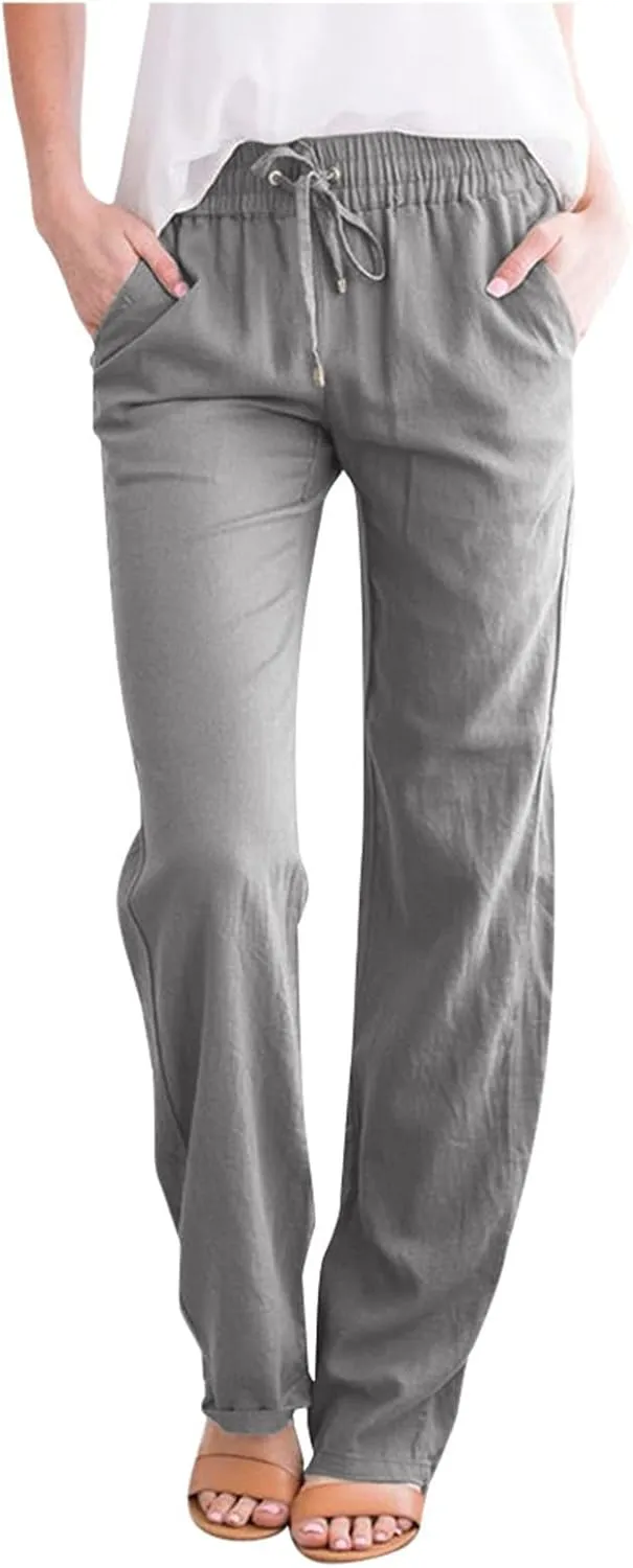 GOKKILRW Womens Cotton Linen Pants Casual Straight Leg Drawstring Elastic High Waist Loose Fit Comfy Long Pants with Pockets