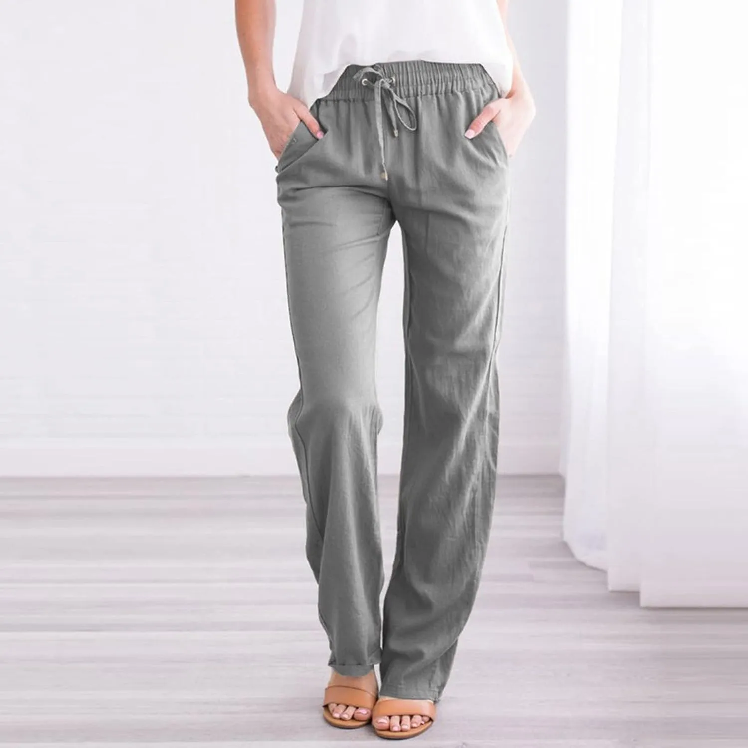 GOKKILRW Womens Cotton Linen Pants Casual Straight Leg Drawstring Elastic High Waist Loose Fit Comfy Long Pants with Pockets