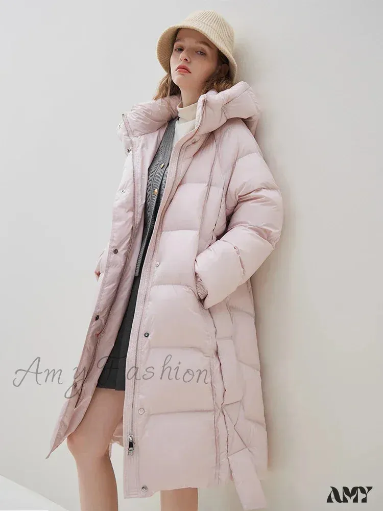 Hooded Long Black Simple Raglan Sleeve Thicken Winter White Duck Female Coat