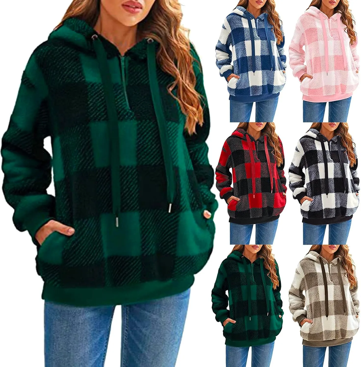 iQKA Women's Casual Christmas Plaid Jacket Long Sleeve Buttons Plush Cardigan Winter Warm Lapel Trench Coat