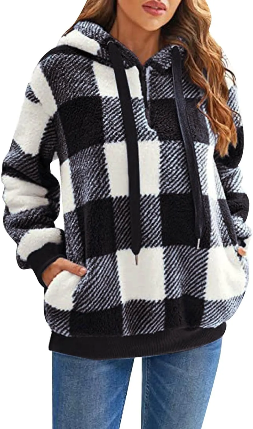 iQKA Women's Casual Christmas Plaid Jacket Long Sleeve Buttons Plush Cardigan Winter Warm Lapel Trench Coat