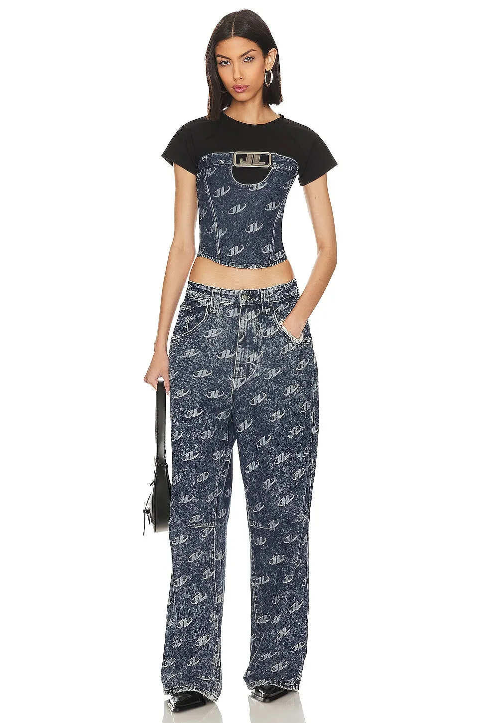 Jaded London Monogram Baggy Trousers in Denim Blue