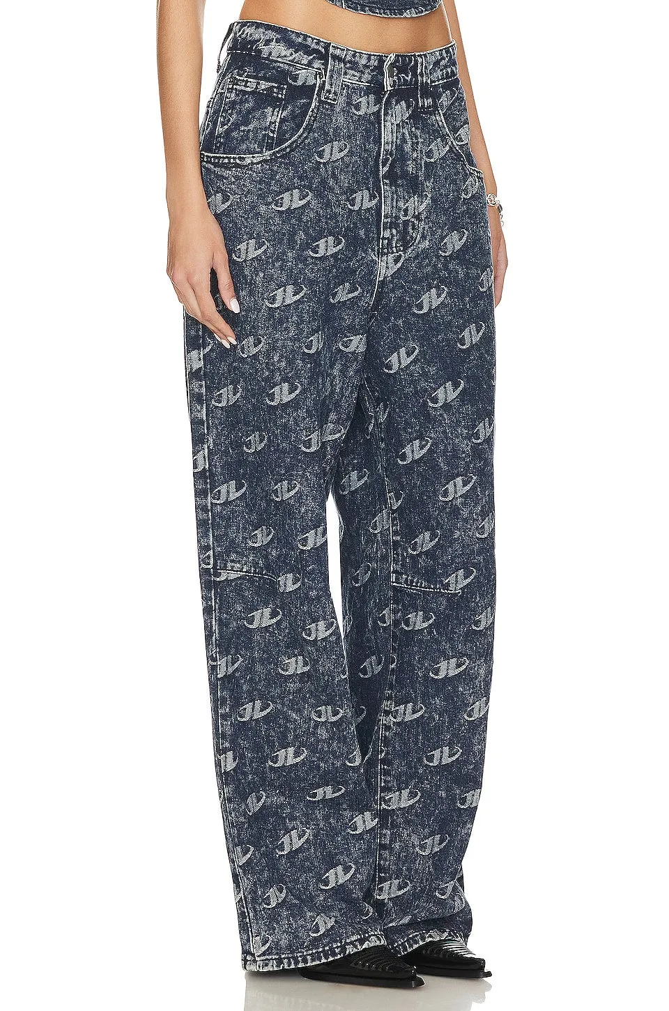 Jaded London Monogram Baggy Trousers in Denim Blue