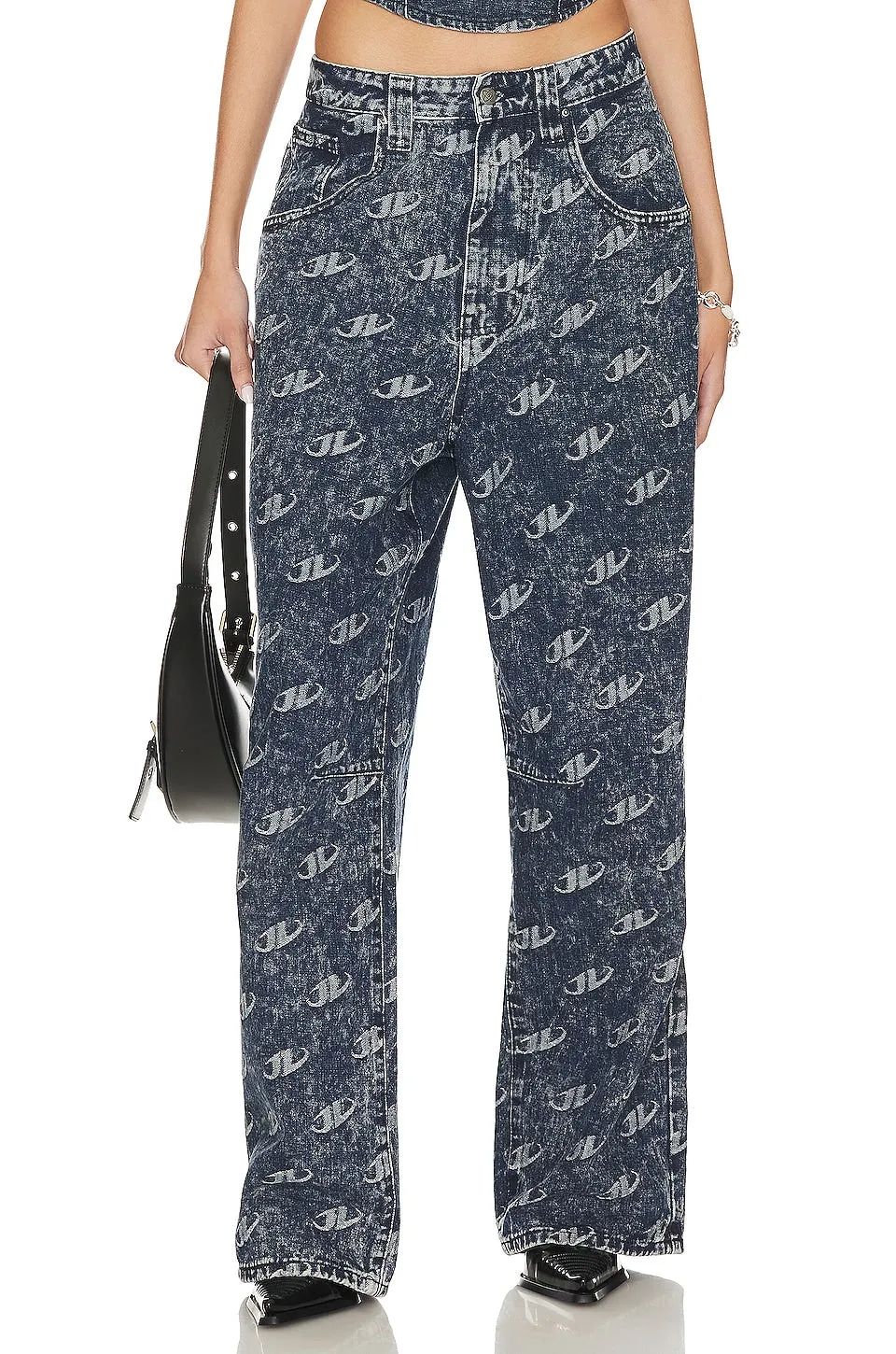 Jaded London Monogram Baggy Trousers in Denim Blue