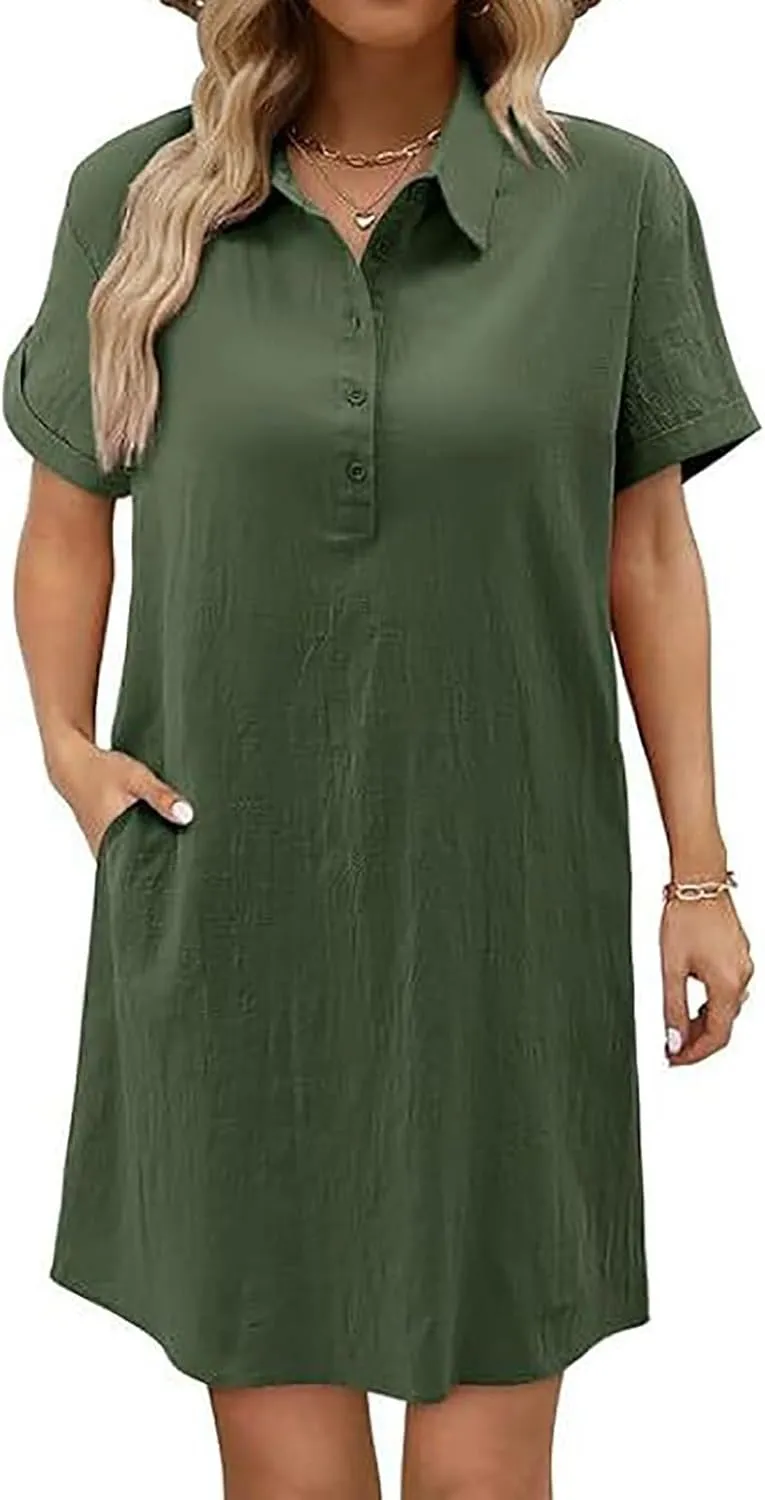JOAU Womens Button Down Shirt Dress Summer Cotton Linen V-Neck Mini Dresses Casual Short Sleeve Collared Loose Tunic Dress