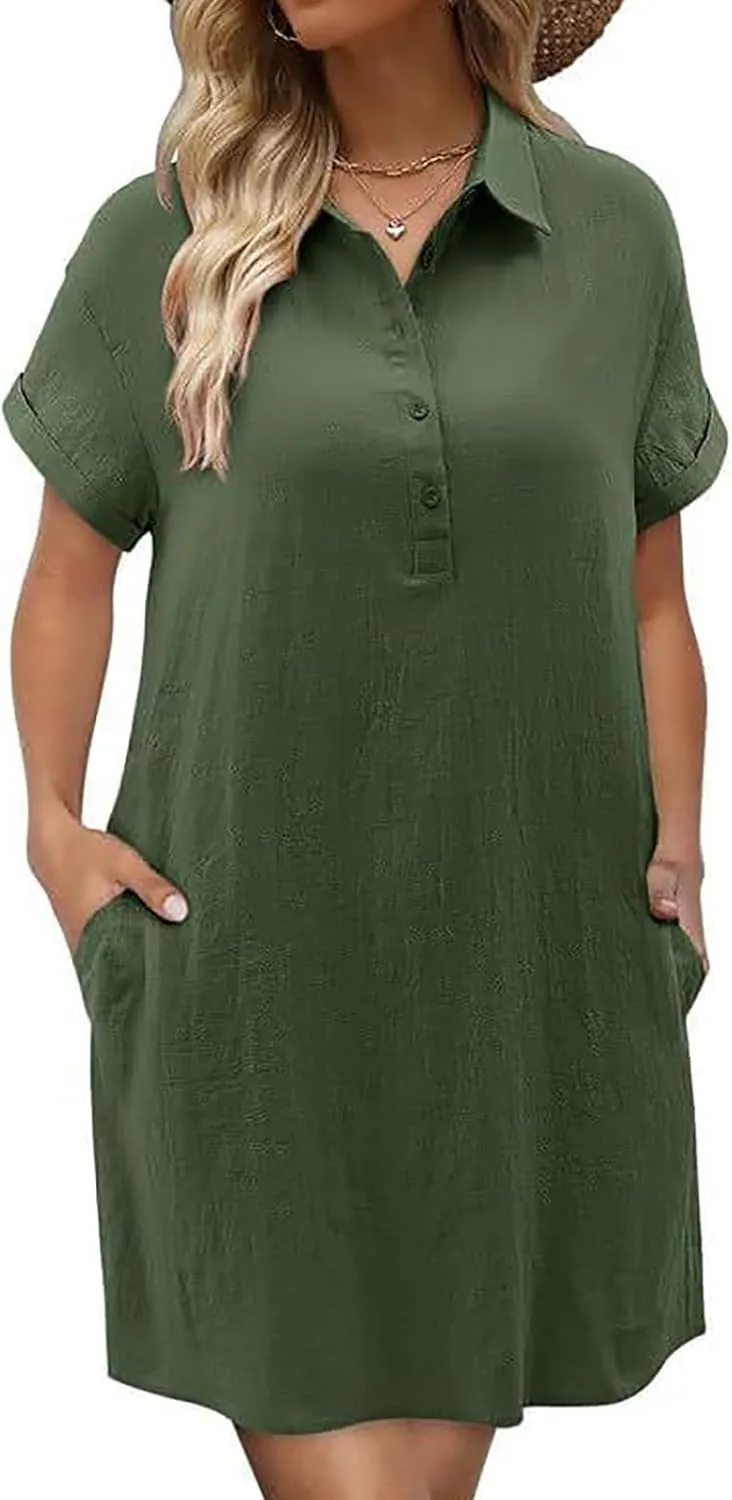 JOAU Womens Button Down Shirt Dress Summer Cotton Linen V-Neck Mini Dresses Casual Short Sleeve Collared Loose Tunic Dress