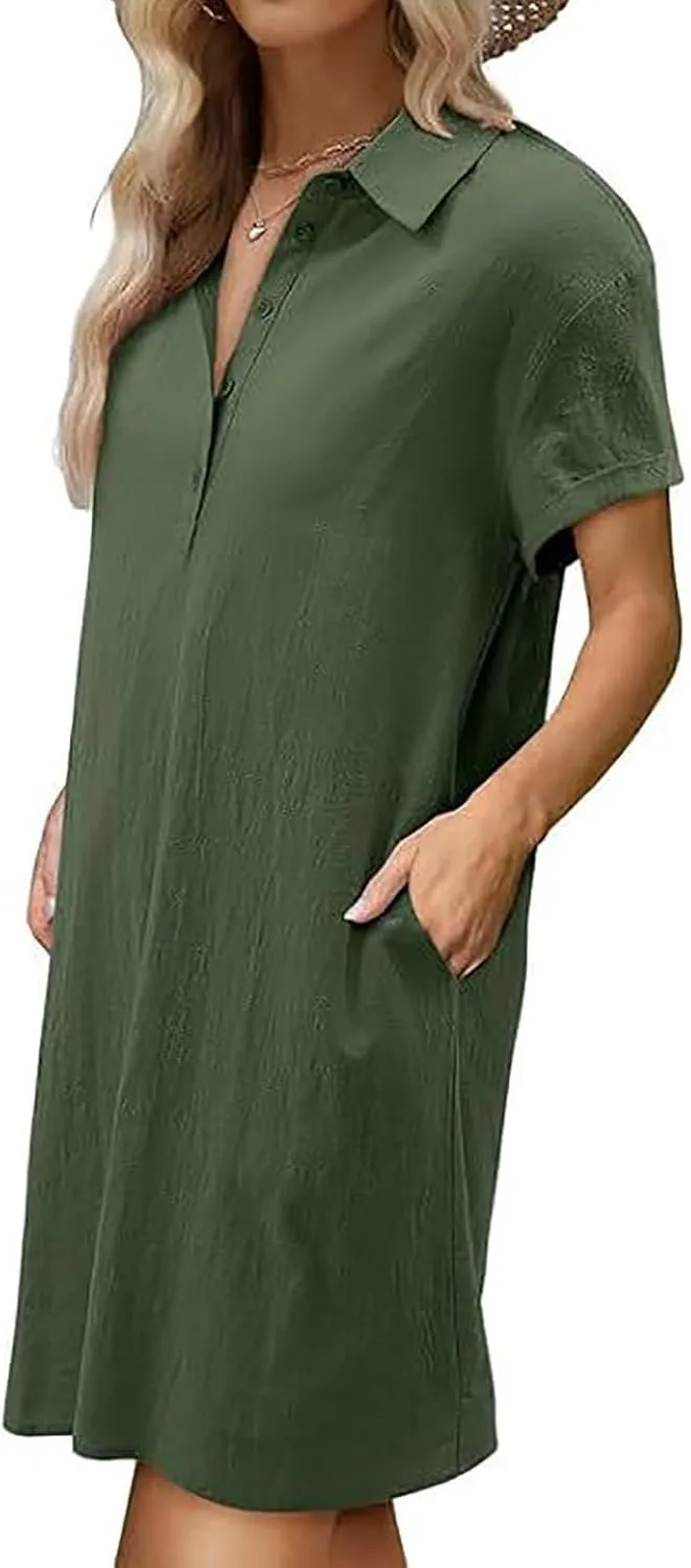 JOAU Womens Button Down Shirt Dress Summer Cotton Linen V-Neck Mini Dresses Casual Short Sleeve Collared Loose Tunic Dress