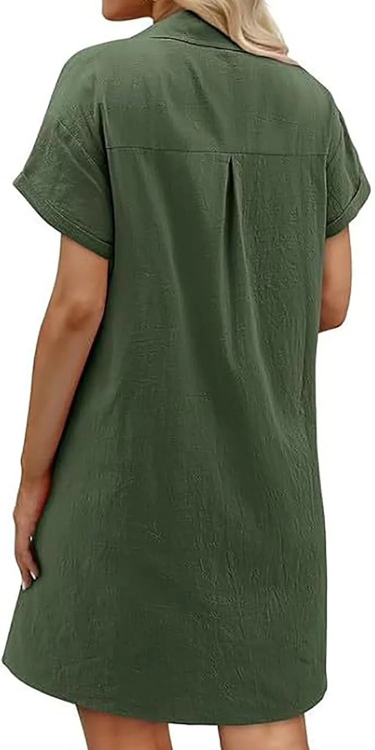 JOAU Womens Button Down Shirt Dress Summer Cotton Linen V-Neck Mini Dresses Casual Short Sleeve Collared Loose Tunic Dress