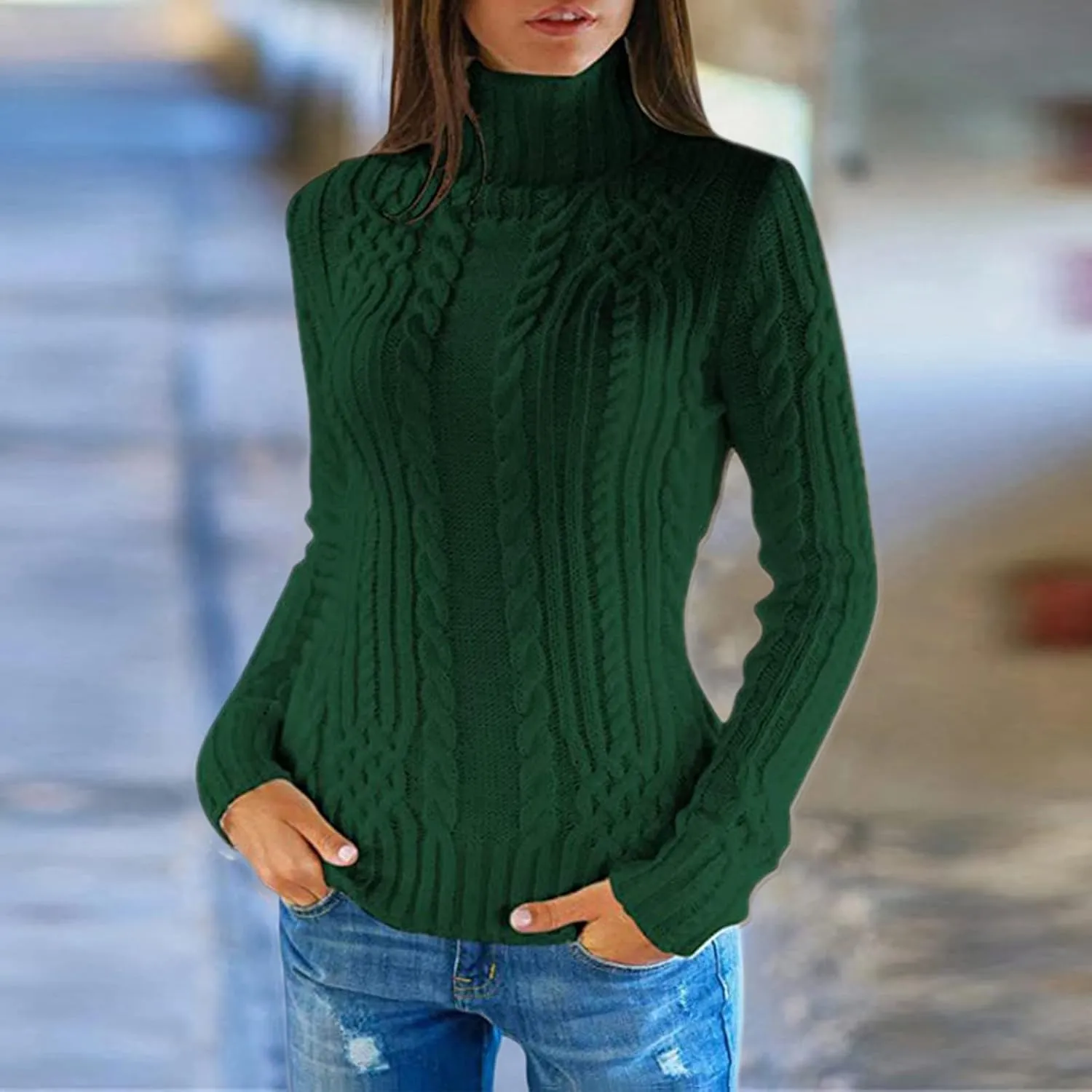 LCMTWX Oversized Sweater for Women Turtleneck Long Sleeved Knitted Sweater Round Neck Striped Women's Oversized Sweaters