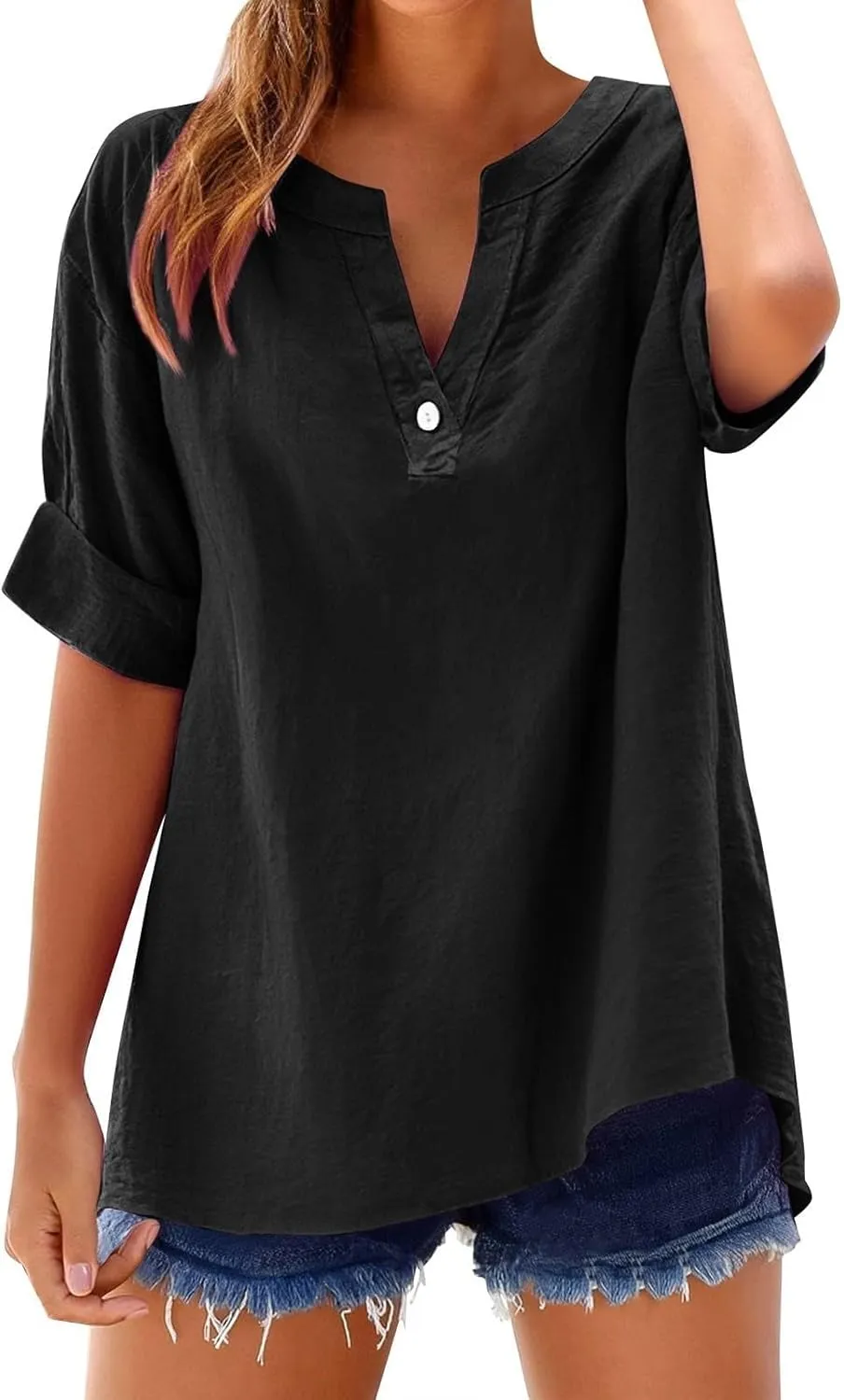 Linen Blouses for Women Short Sleeve Trendy Tops Button Down V Neck Shirt Summer Vacation Shirts 2025 Trendy Tops Tees