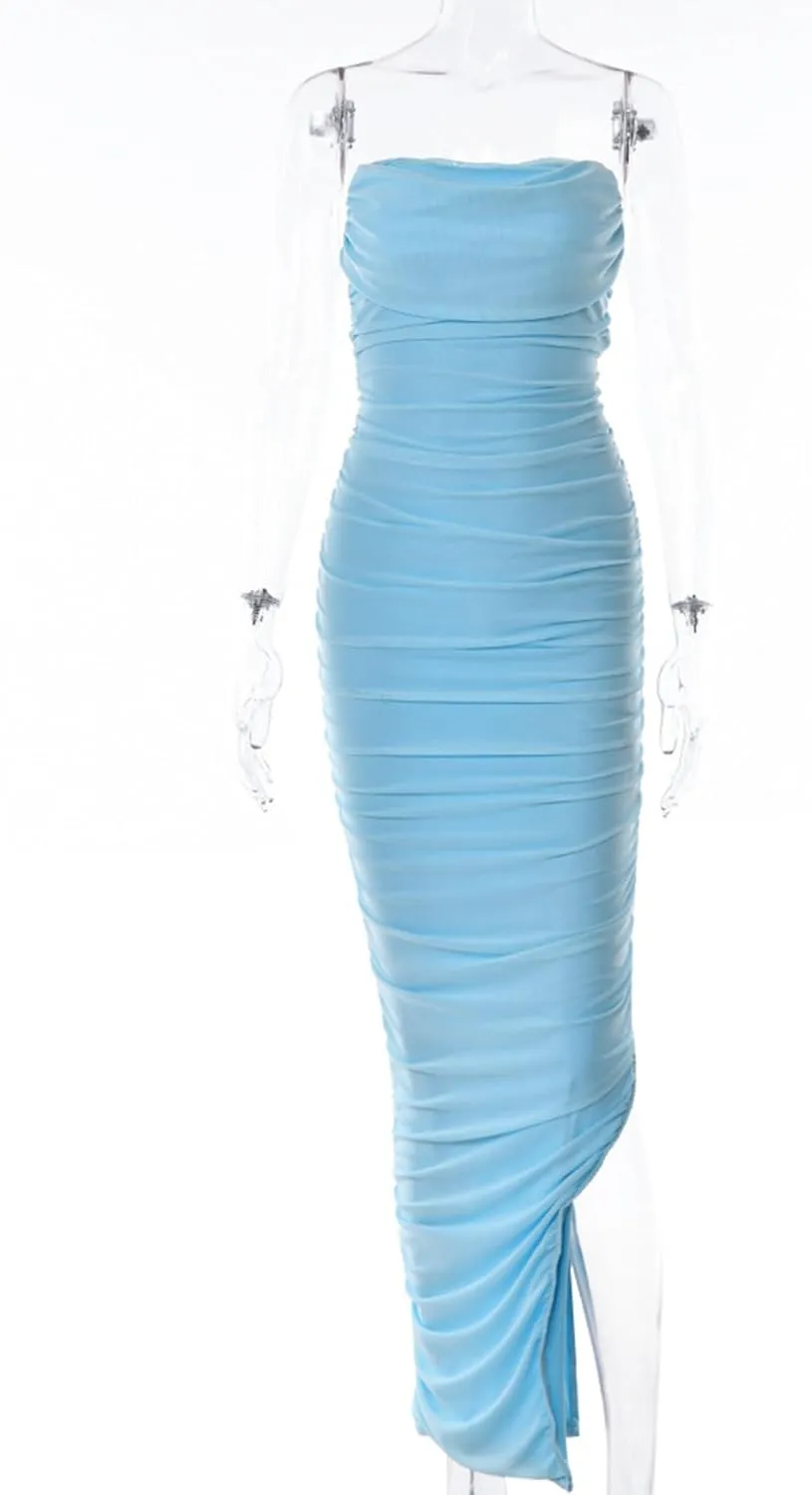 meilun Women's Strapless Mesh Midi Dress Wrinkcle Sexy Party Dress Bodycon Holiday Party Dresses