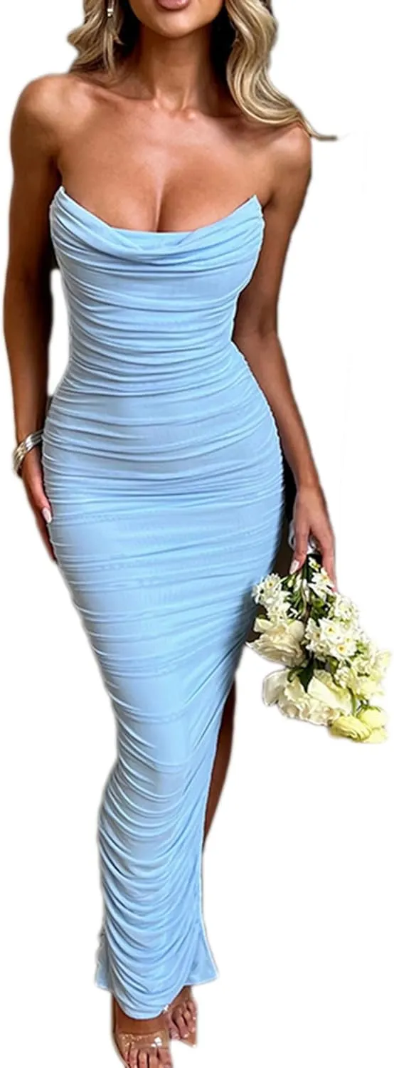 meilun Women's Strapless Mesh Midi Dress Wrinkcle Sexy Party Dress Bodycon Holiday Party Dresses