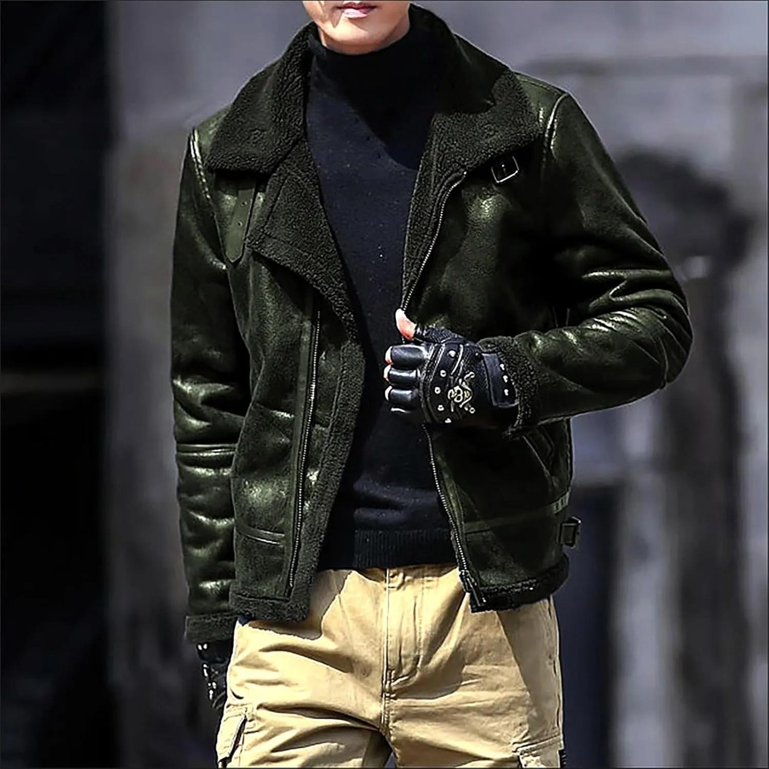 Men's Leather Cotton Cargo Jacket Winter Sherpa Fleece Lined Work Jacket Coats Lapel Collar Motorcycle Classic Jackets