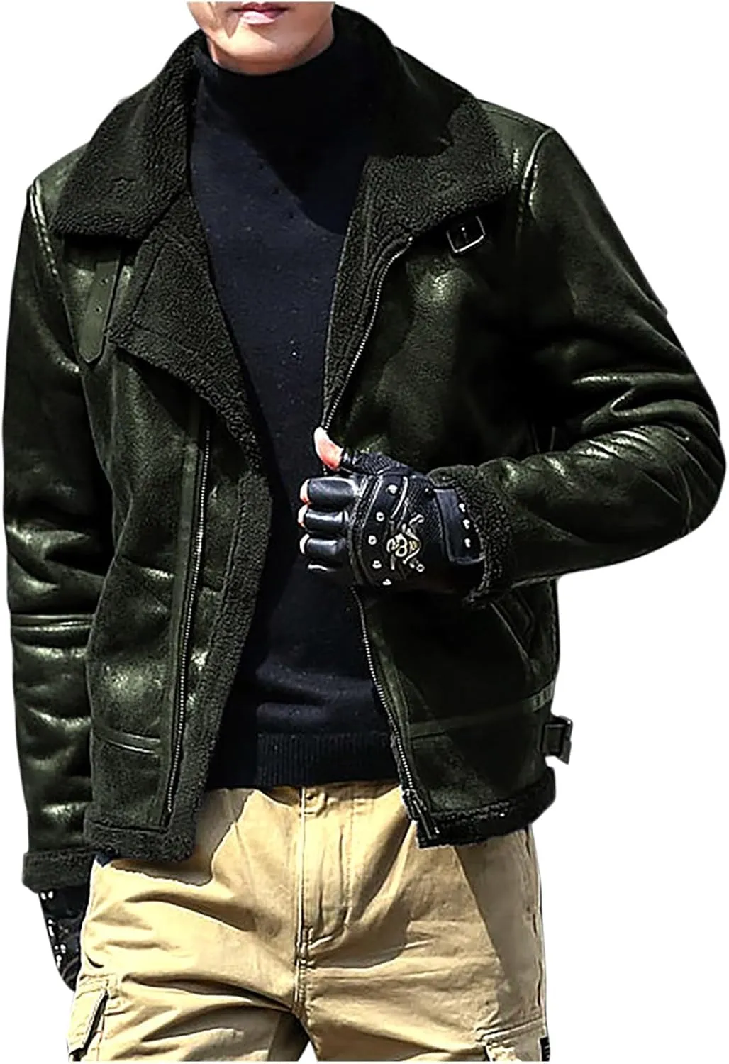 Men's Leather Cotton Cargo Jacket Winter Sherpa Fleece Lined Work Jacket Coats Lapel Collar Motorcycle Classic Jackets